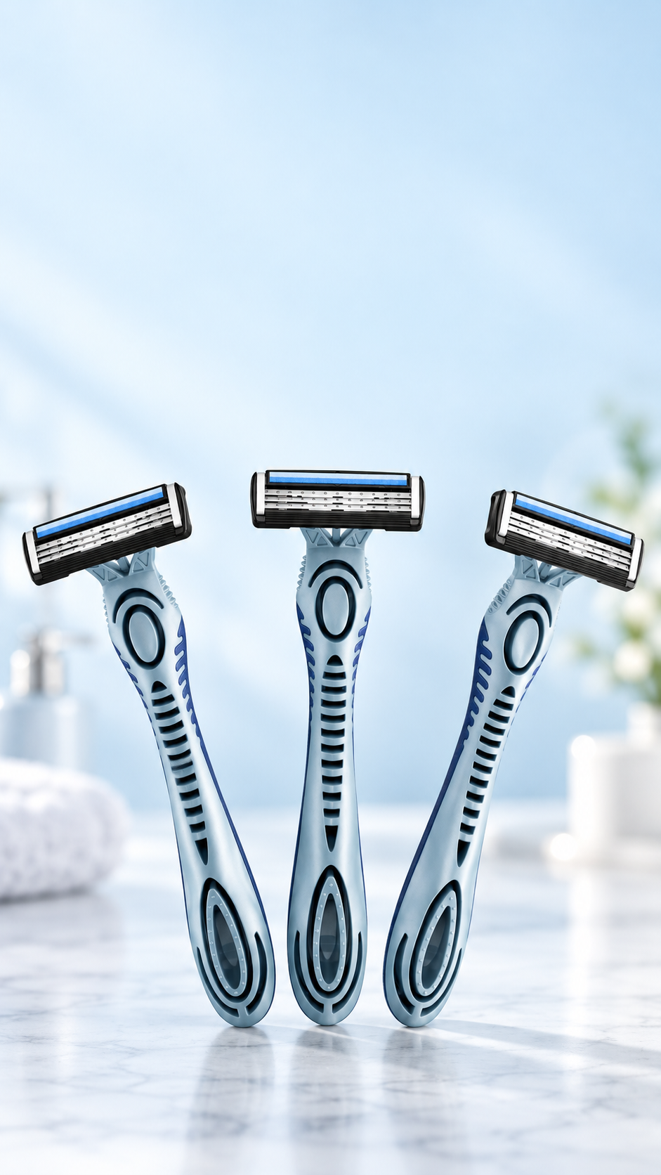 Three BIC Flex 3 razors, illustrated in an AI product scene